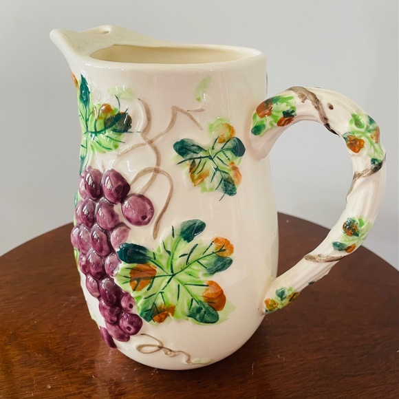 Vintage ceramic pitcher with raised purple grapes and green leaves, Pitcher - Picture 3 of 6